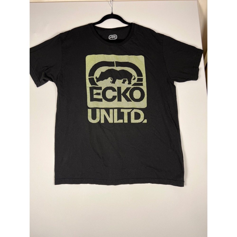 Ecko Unltd Mens XL Black Graphic T-Shirt Rhino Logo Lime Green Textured Tee